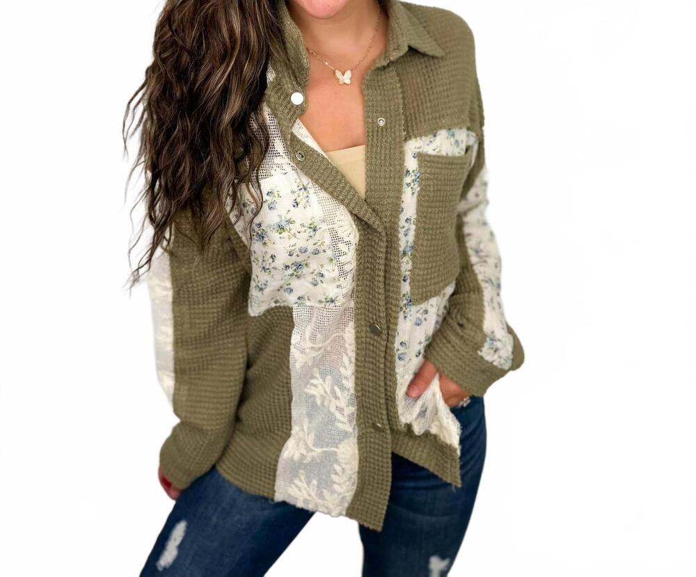 NEW DAVI & DANI unpredictable times knit long sleeve button up top in green